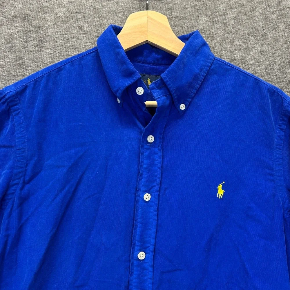 Polo Ralph Lauren Royal Blue Corduroy Button Down Shirt Mens Small Yellow Pony